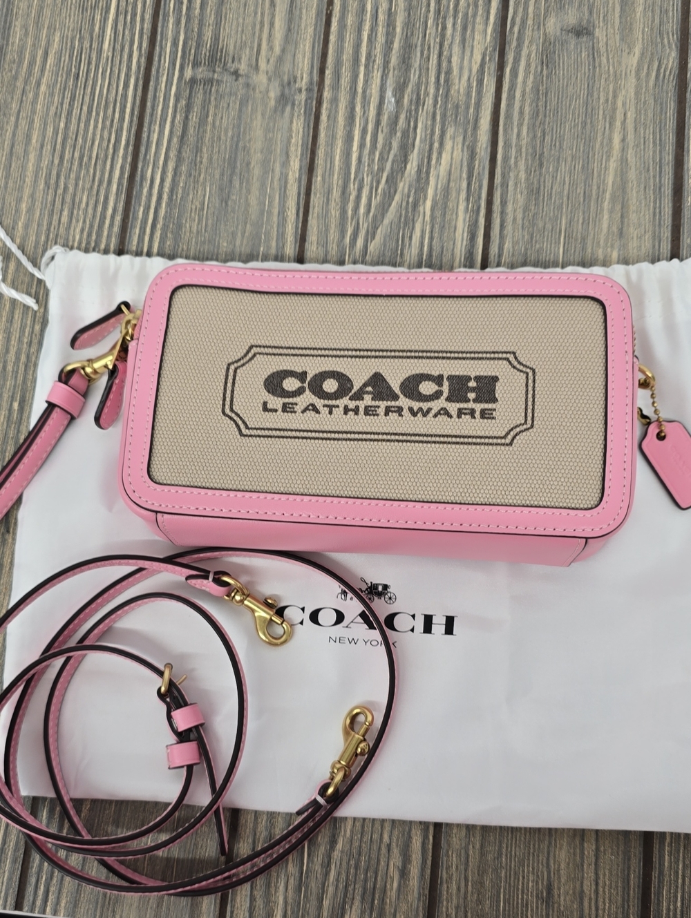 NEW COACH Kira Canvas Leather Wristlet Crossbodv Purse Pink Natural Bag